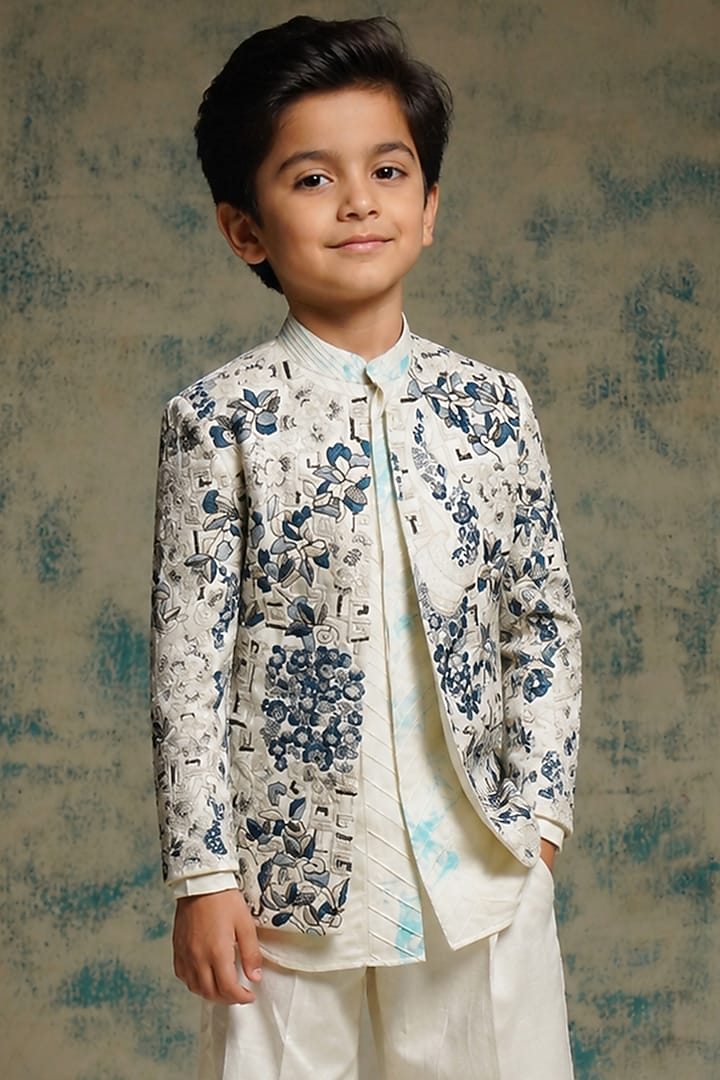 Ivory Linen Silk Zardosi Embroidered Indowestern Set For Boys by Jatin Malik Kids at Pernia's Pop Up Shop