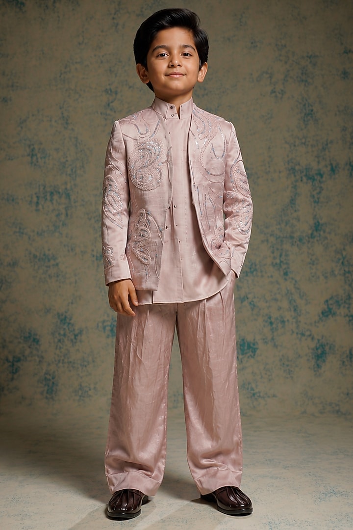 Mauve Linen Silk Hand Embroidered Indowestern Set For Boys by Jatin Malik Kids at Pernia's Pop Up Shop