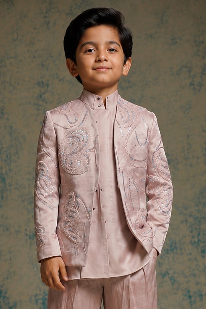 Mauve Linen Silk Hand Embroidered Indowestern Set For Boys by Jatin Malik Kids at Pernia's Pop Up Shop