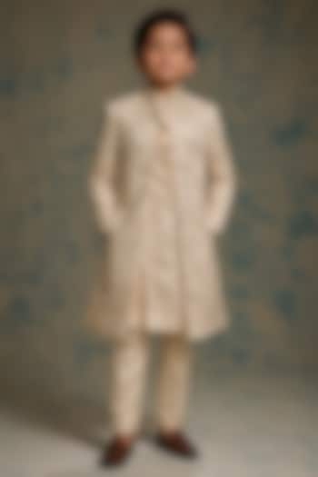 Butter Cream Linen Silk Sequin Embroidered Indowestern Set For Boys by Jatin Malik Kids at Pernia's Pop Up Shop