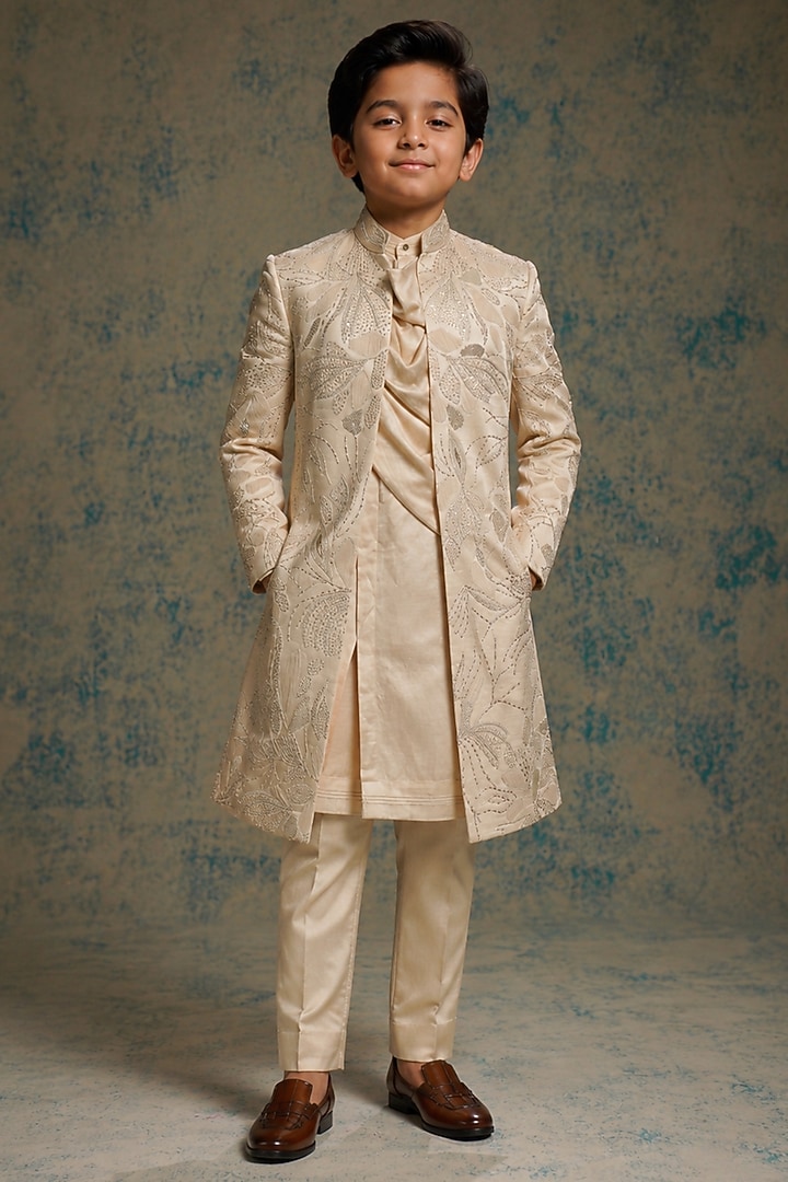 Butter Cream Linen Silk Sequin Embroidered Indowestern Set For Boys by Jatin Malik Kids at Pernia's Pop Up Shop