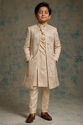 Butter Cream Linen Silk Sequin Embroidered Indowestern Set For Boys by Jatin Malik Kids