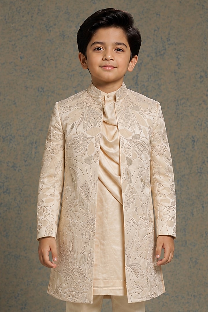 Butter Cream Linen Silk Sequin Embroidered Indowestern Set For Boys by Jatin Malik Kids at Pernia's Pop Up Shop