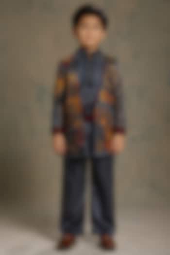Charcoal Blue Linen Hand Painted Blazer Set For Boys by Jatin Malik Kids at Pernia's Pop Up Shop