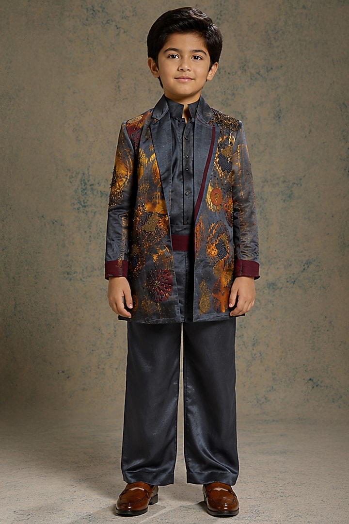 Charcoal Blue Linen Hand Painted Blazer Set For Boys by Jatin Malik Kids at Pernia's Pop Up Shop