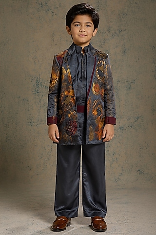 Charcoal Blue Linen Hand Painted Blazer Set For Boys by Jatin Malik Kids