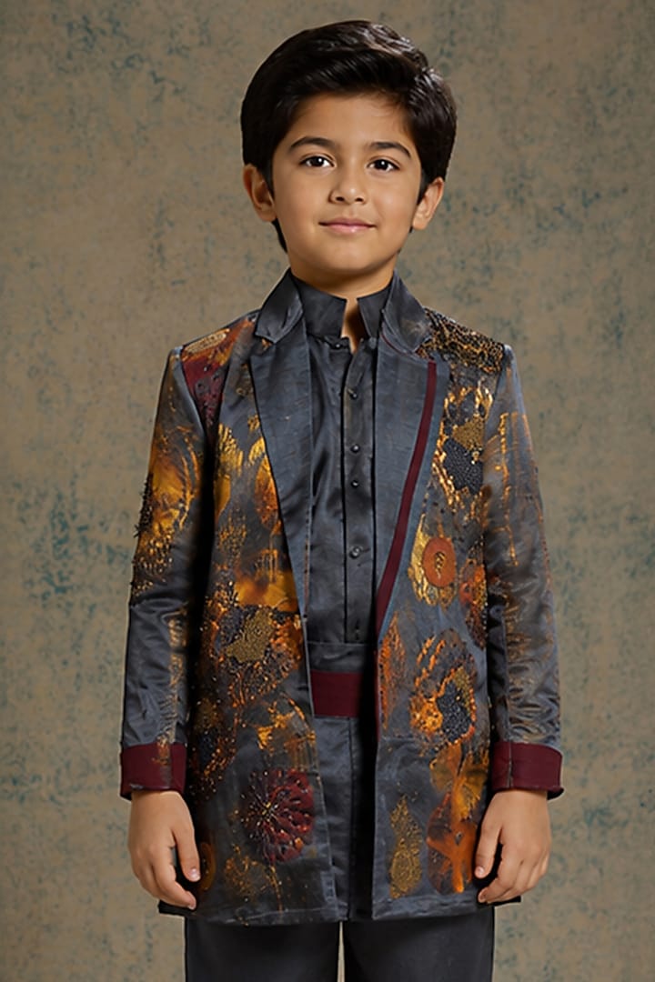 Charcoal Blue Linen Hand Painted Blazer Set For Boys by Jatin Malik Kids at Pernia's Pop Up Shop
