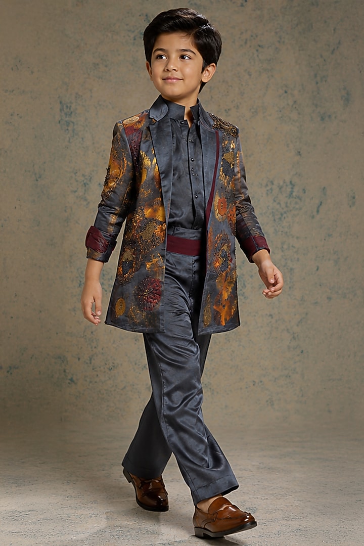 Charcoal Blue Linen Hand Painted Blazer Set For Boys by Jatin Malik Kids at Pernia's Pop Up Shop