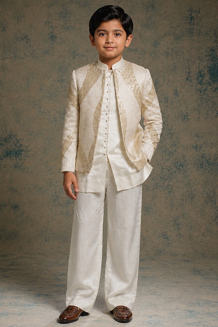 Ivory Linen Silk Zardosi Embroidered Indowestern Set For Boys by Jatin Malik Kids at Pernia's Pop Up Shop