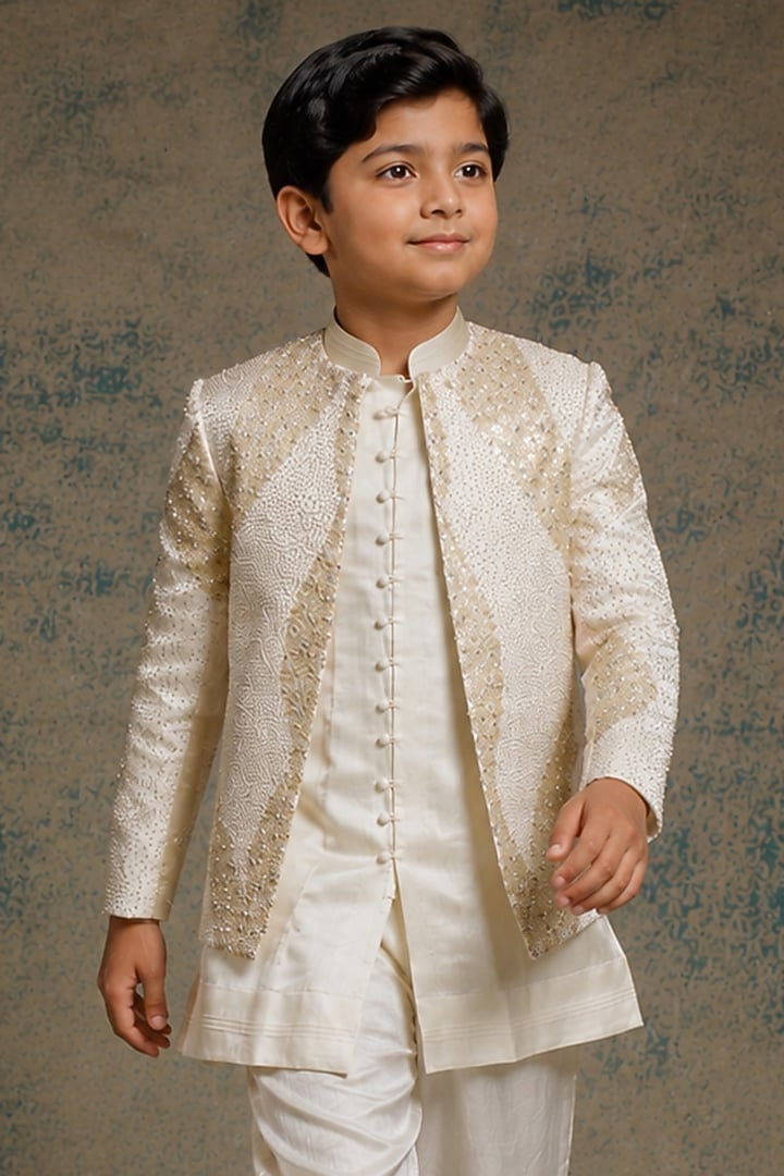 Ivory Linen Silk Zardosi Embroidered Indowestern Set For Boys by Jatin Malik Kids at Pernia's Pop Up Shop