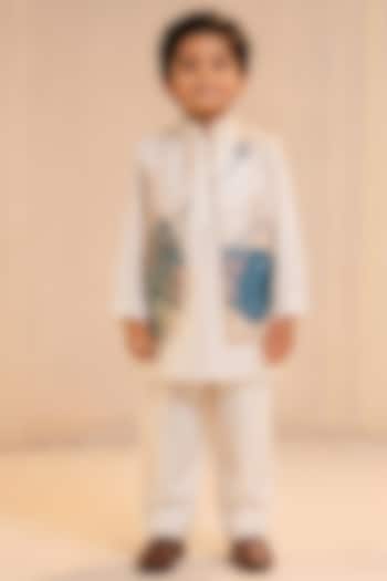 Ivory Linen Silk Hand Painted Nehru Jacket Set For Boys by Jatin Malik Kids at Pernia's Pop Up Shop