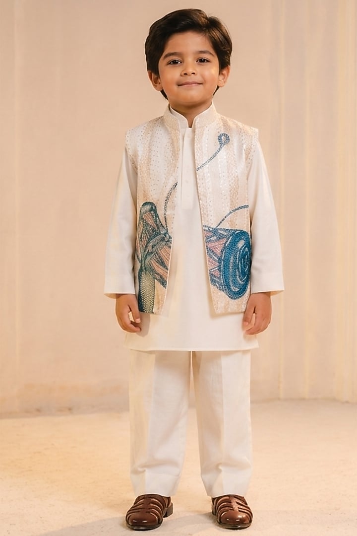 Ivory Linen Silk Hand Painted Nehru Jacket Set For Boys by Jatin Malik Kids at Pernia's Pop Up Shop