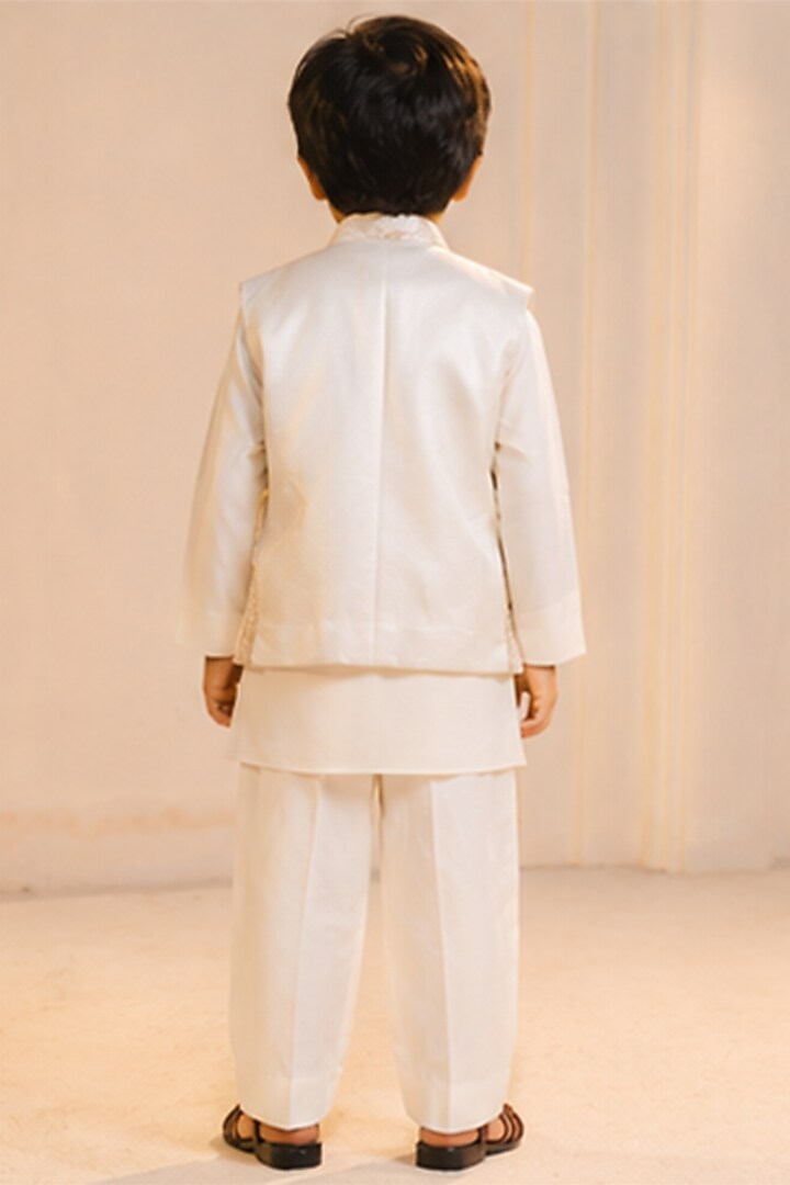 Ivory Linen Silk Hand Painted Nehru Jacket Set For Boys by Jatin Malik Kids at Pernia's Pop Up Shop