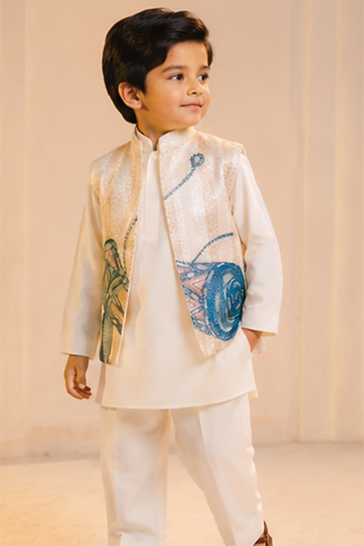 Ivory Linen Silk Hand Painted Nehru Jacket Set For Boys by Jatin Malik Kids at Pernia's Pop Up Shop