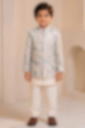 Silver Linen Silk Hand Painted Bandhgala Set For Boys by Jatin Malik Kids at Pernia's Pop Up Shop