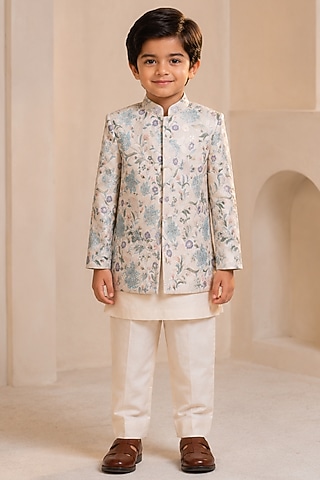 Silver Linen Silk Hand Painted Bandhgala Set For Boys by Jatin Malik Kids