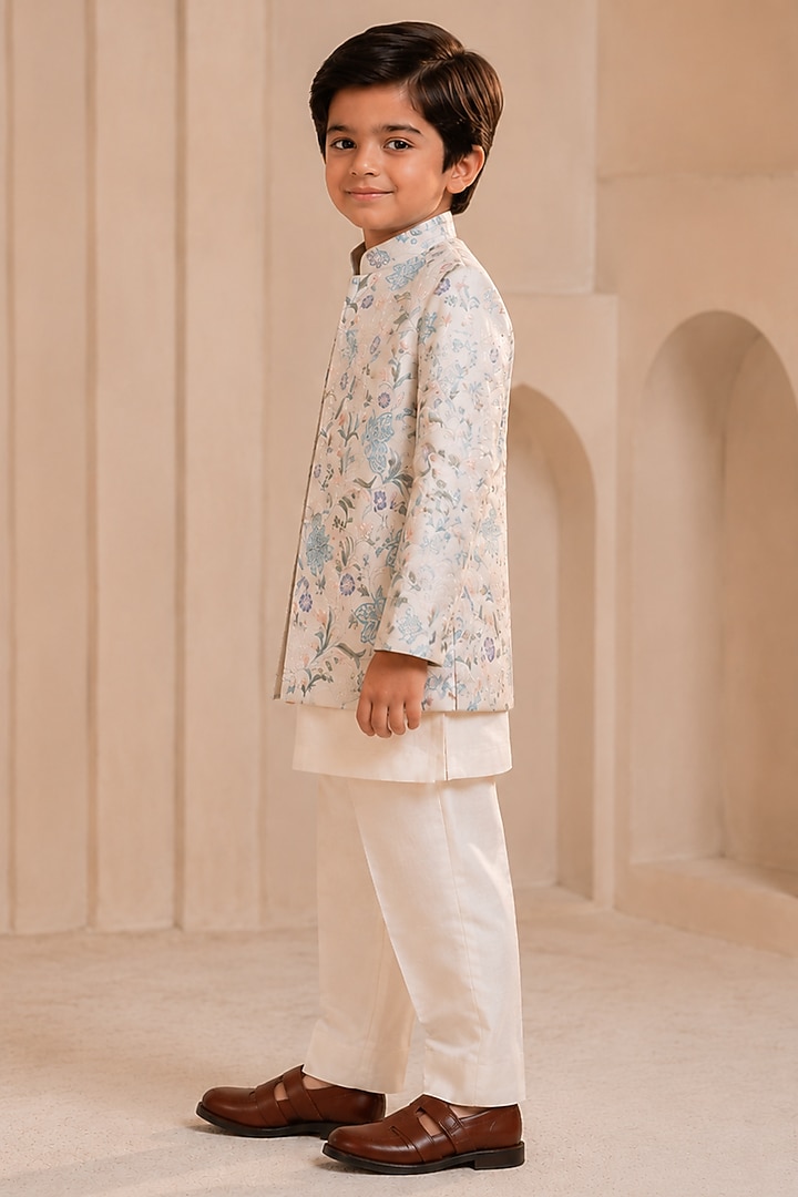 Silver Linen Silk Hand Painted Bandhgala Set For Boys by Jatin Malik Kids at Pernia's Pop Up Shop