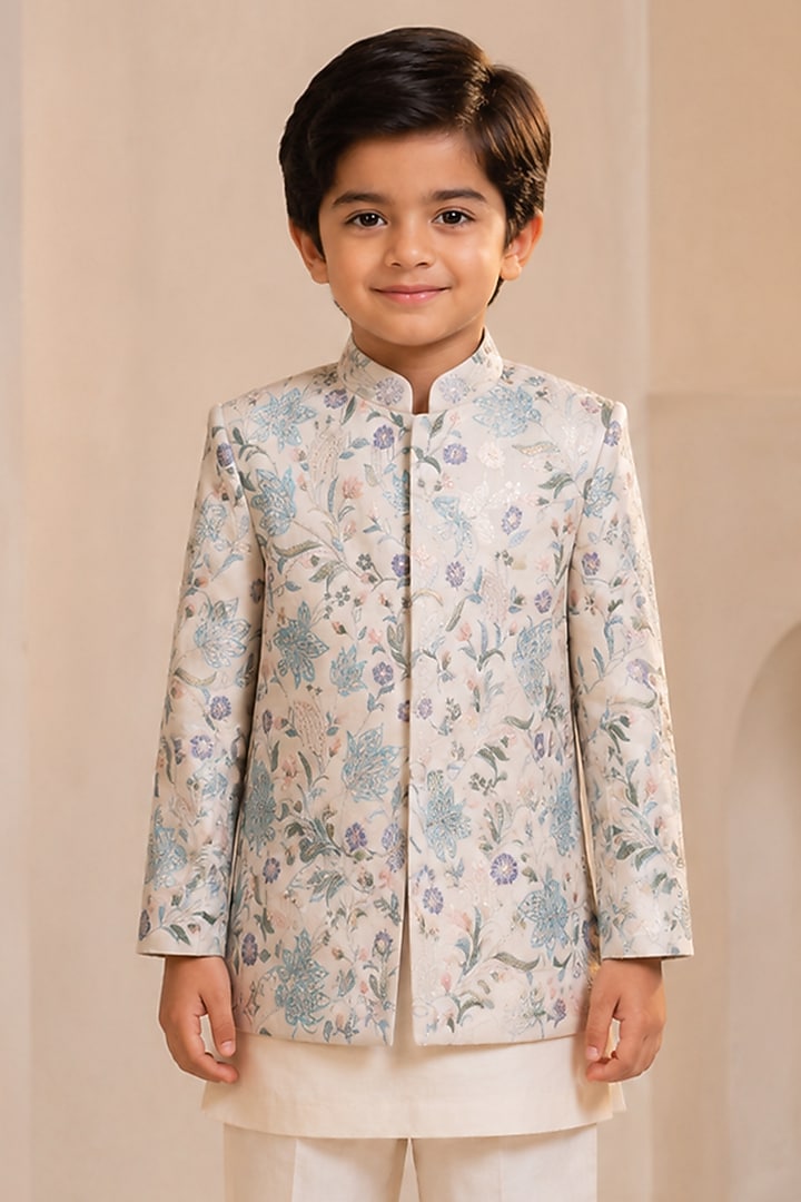Silver Linen Silk Hand Painted Bandhgala Set For Boys by Jatin Malik Kids at Pernia's Pop Up Shop