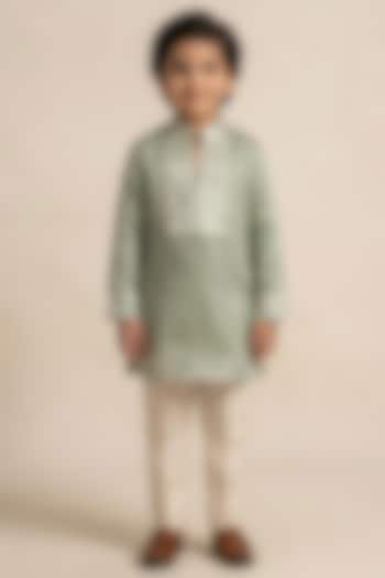 Mint Green Linen Silk Patch Work Kurta Set For Boys by Jatin Malik Kids at Pernia's Pop Up Shop