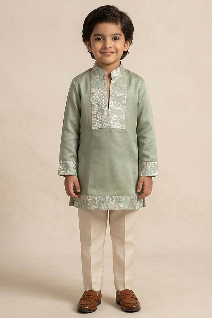 Mint Green Linen Silk Patch Work Kurta Set For Boys by Jatin Malik Kids at Pernia's Pop Up Shop