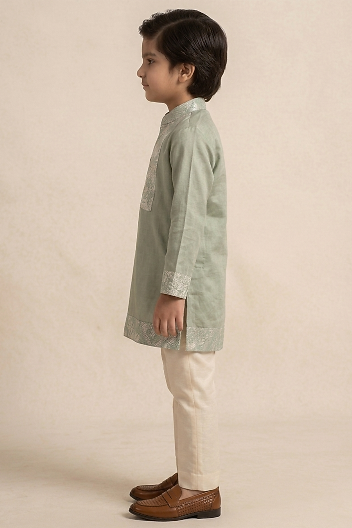 Mint Green Linen Silk Patch Work Kurta Set For Boys by Jatin Malik Kids at Pernia's Pop Up Shop