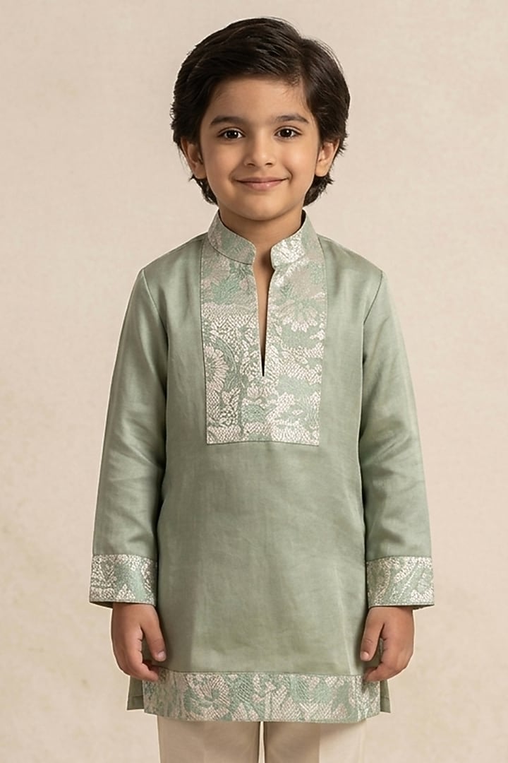 Mint Green Linen Silk Patch Work Kurta Set For Boys by Jatin Malik Kids at Pernia's Pop Up Shop