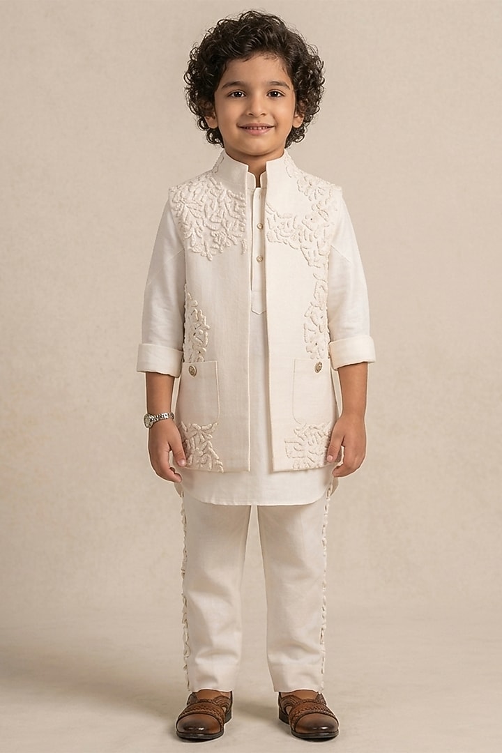Ivory Cotton Linen Indowestern Set For Boys by Jatin Malik Kids at Pernia's Pop Up Shop