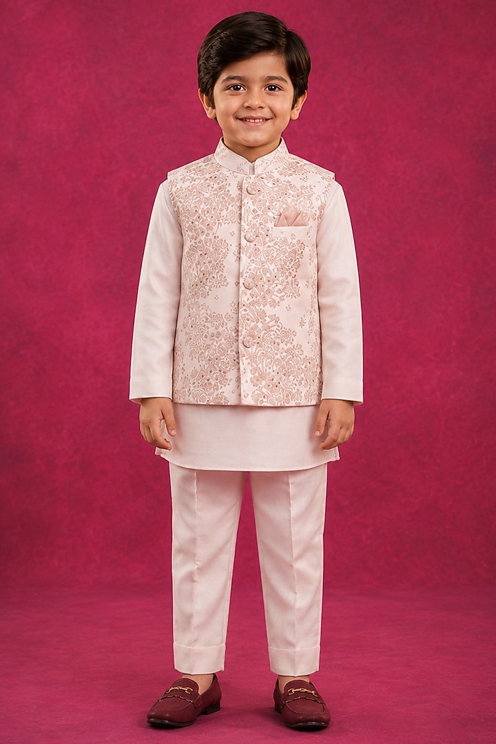 Blush Pink Linen Silk Embroidered Nehru Jacket Set For Boys by Jatin Malik Kids at Pernia's Pop Up Shop