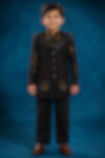Black Linen Silk Embroidered Indowestern Set For Boys by Jatin Malik Kids at Pernia's Pop Up Shop