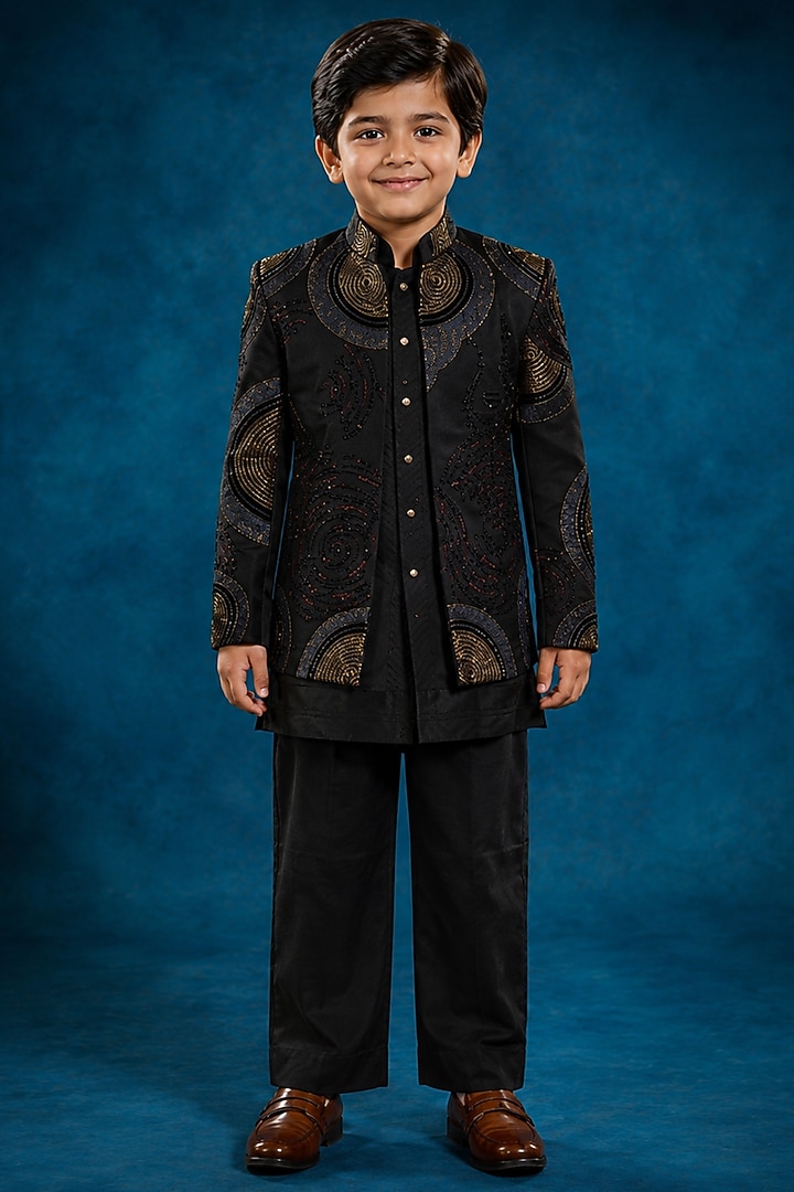 Black Linen Silk Embroidered Indowestern Set For Boys by Jatin Malik Kids at Pernia's Pop Up Shop