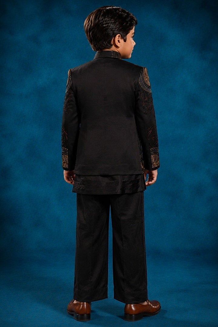Black Linen Silk Embroidered Indowestern Set For Boys by Jatin Malik Kids at Pernia's Pop Up Shop