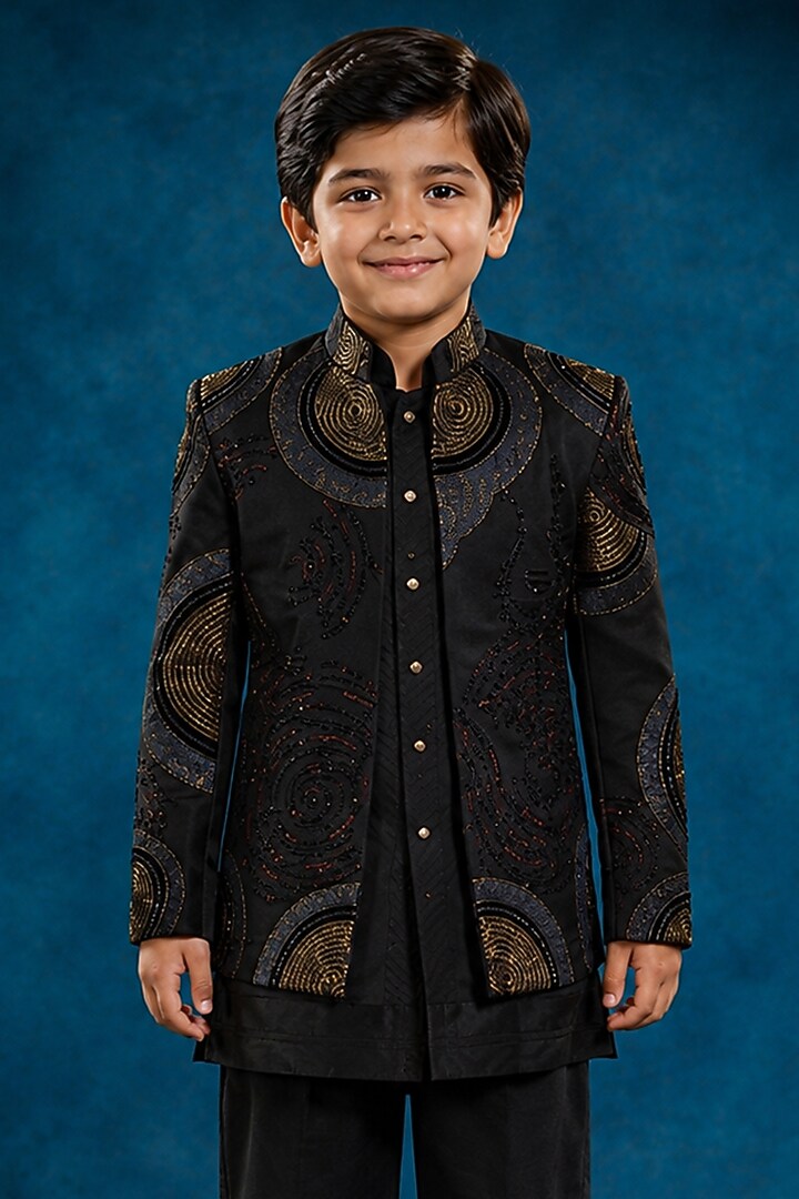 Black Linen Silk Embroidered Indowestern Set For Boys by Jatin Malik Kids at Pernia's Pop Up Shop