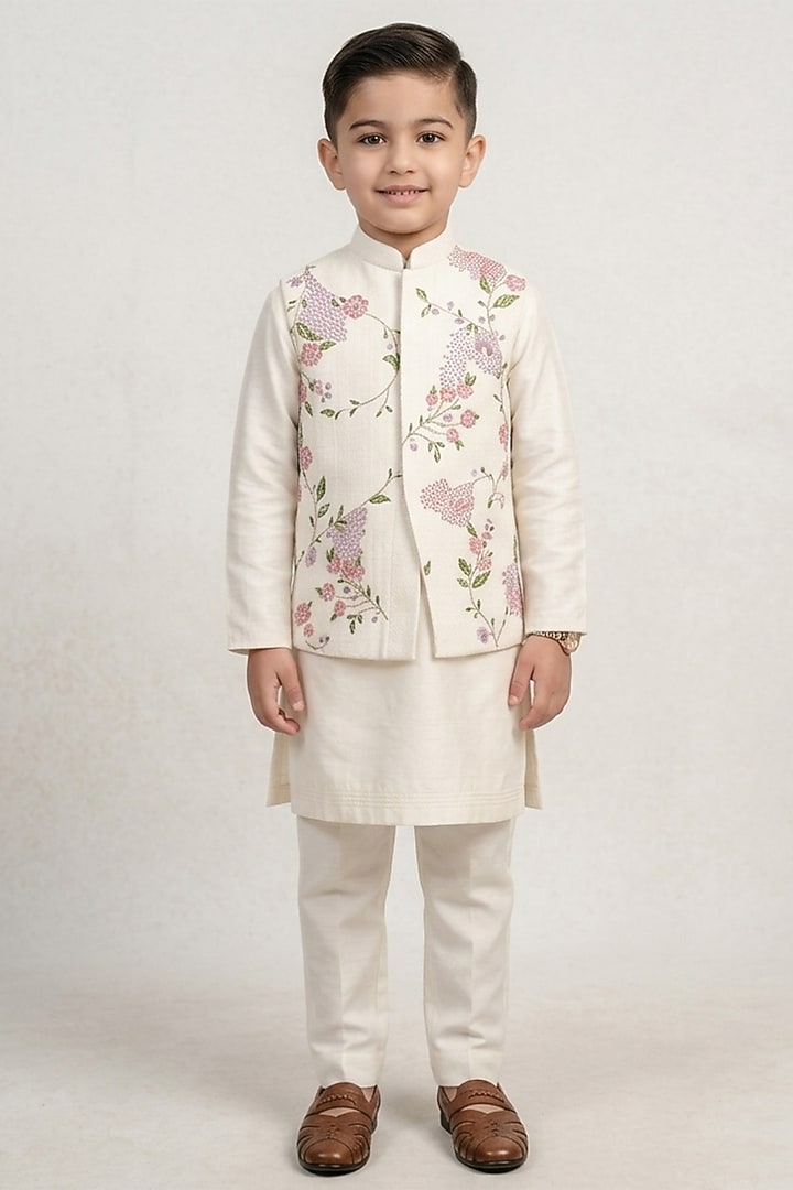 Ivory Slub Silk Floral Embroidered Nehru Jacket Set For Boys by Jatin Malik Kids at Pernia's Pop Up Shop