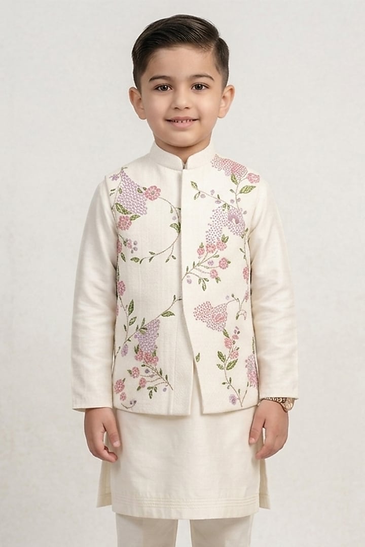 Ivory Slub Silk Floral Embroidered Nehru Jacket Set For Boys by Jatin Malik Kids at Pernia's Pop Up Shop