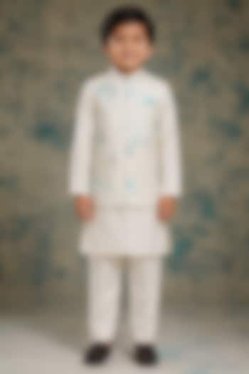 Ivory & Blue Linen Silk Marble Painted Kurta Set For Boys by Jatin Malik Kids at Pernia's Pop Up Shop