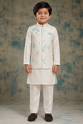 Ivory & Blue Linen Silk Marble Painted Kurta Set For Boys by Jatin Malik Kids