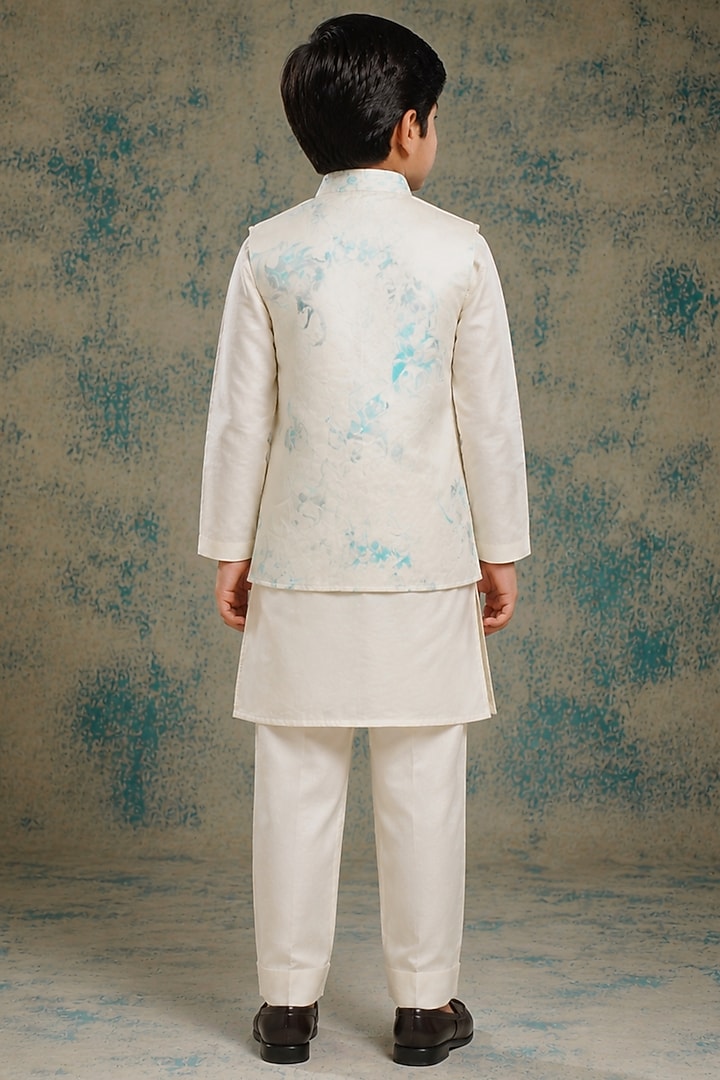 Ivory & Blue Linen Silk Marble Painted Kurta Set For Boys by Jatin Malik Kids at Pernia's Pop Up Shop