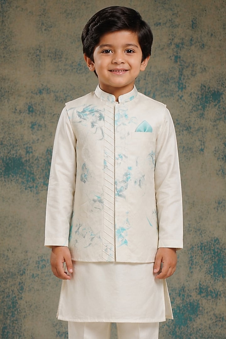 Ivory & Blue Linen Silk Marble Painted Kurta Set For Boys by Jatin Malik Kids at Pernia's Pop Up Shop