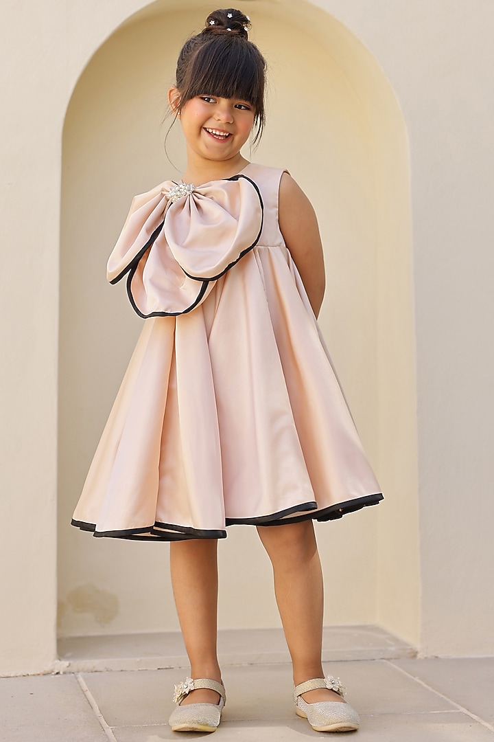 Champagne Cream Satin Pearl Work Dress For Girls by Janyas Closet at Pernia's Pop Up Shop