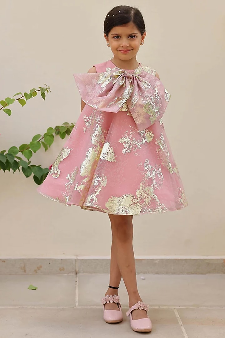 Pink Organza Foil Printed Dress For Girls by Janyas Closet at Pernia's Pop Up Shop