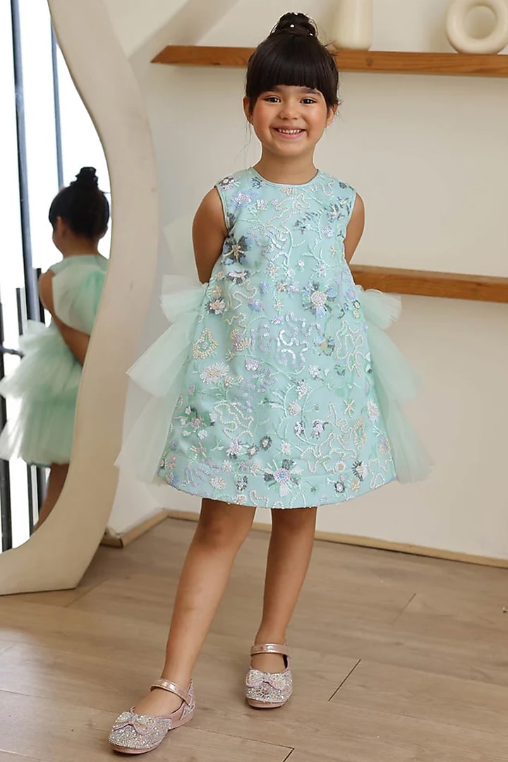 Aqua Green Sequins & Silk Dress For Girls by Janyas Closet at Pernia's Pop Up Shop