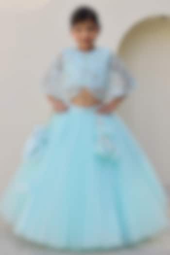 Light Blue Net & Silk Lehenga Set For Girls by Janyas Closet at Pernia's Pop Up Shop