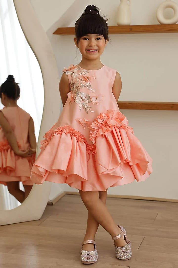 Peach Taffeta Embroidered Dress For Girls by Janyas Closet at Pernia's Pop Up Shop
