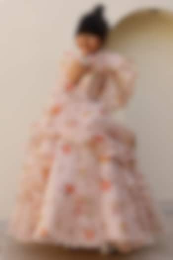 Peach Organza & Silk Printed Lehenga Set For Girls by Janyas Closet at Pernia's Pop Up Shop