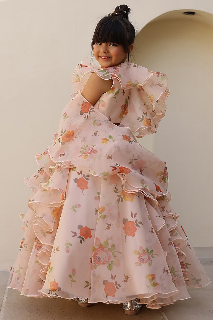 Peach Organza & Silk Printed Lehenga Set For Girls by Janyas Closet at Pernia's Pop Up Shop