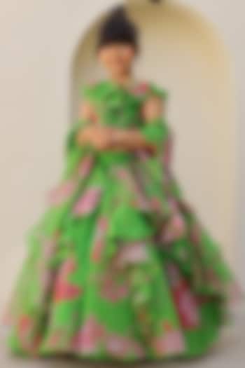 Green Organza & Silk Printed Lehenga Set For Girls by Janyas Closet at Pernia's Pop Up Shop