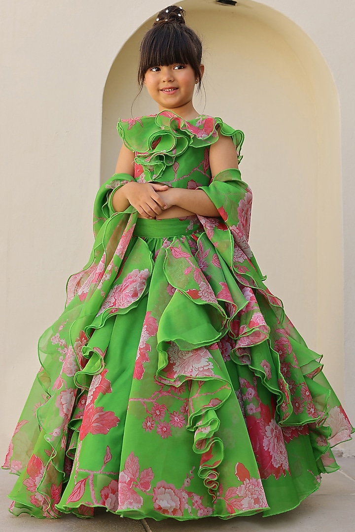 Green Organza & Silk Printed Lehenga Set For Girls by Janyas Closet at Pernia's Pop Up Shop