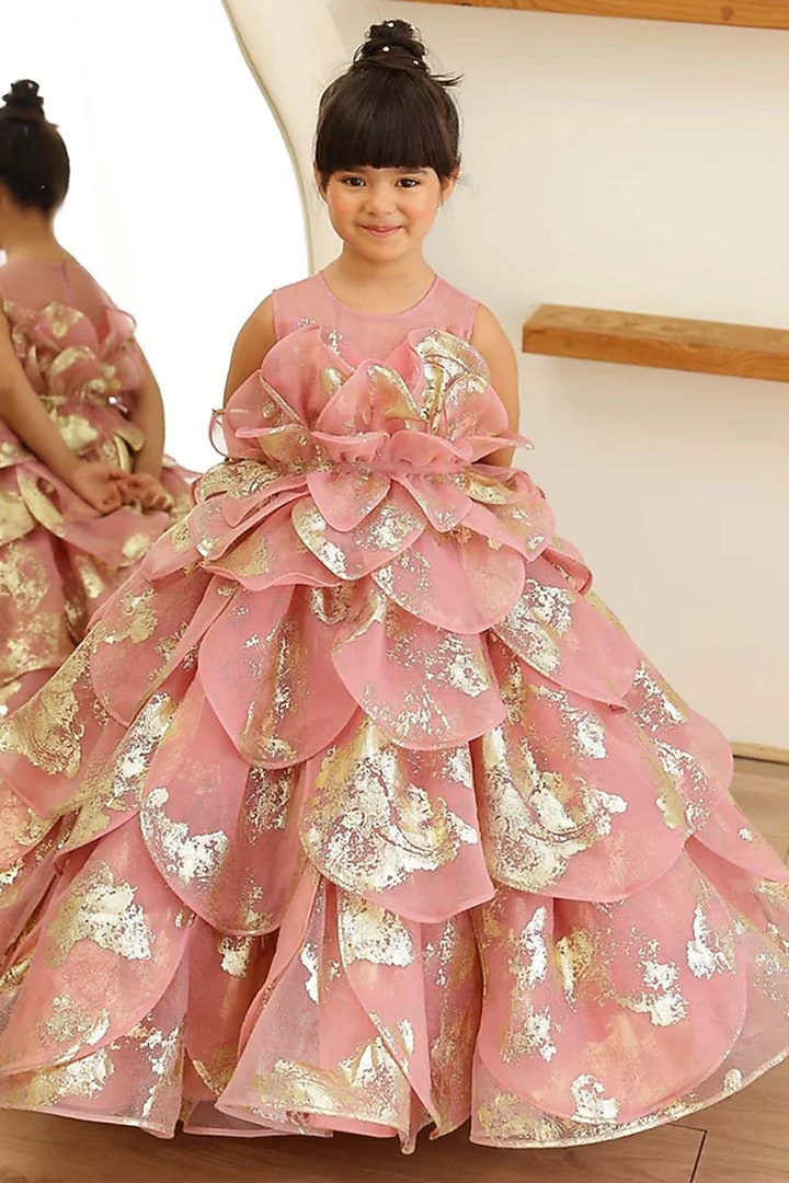 Pink Organza Foil & Silk Gown For Girls by Janyas Closet at Pernia's Pop Up Shop