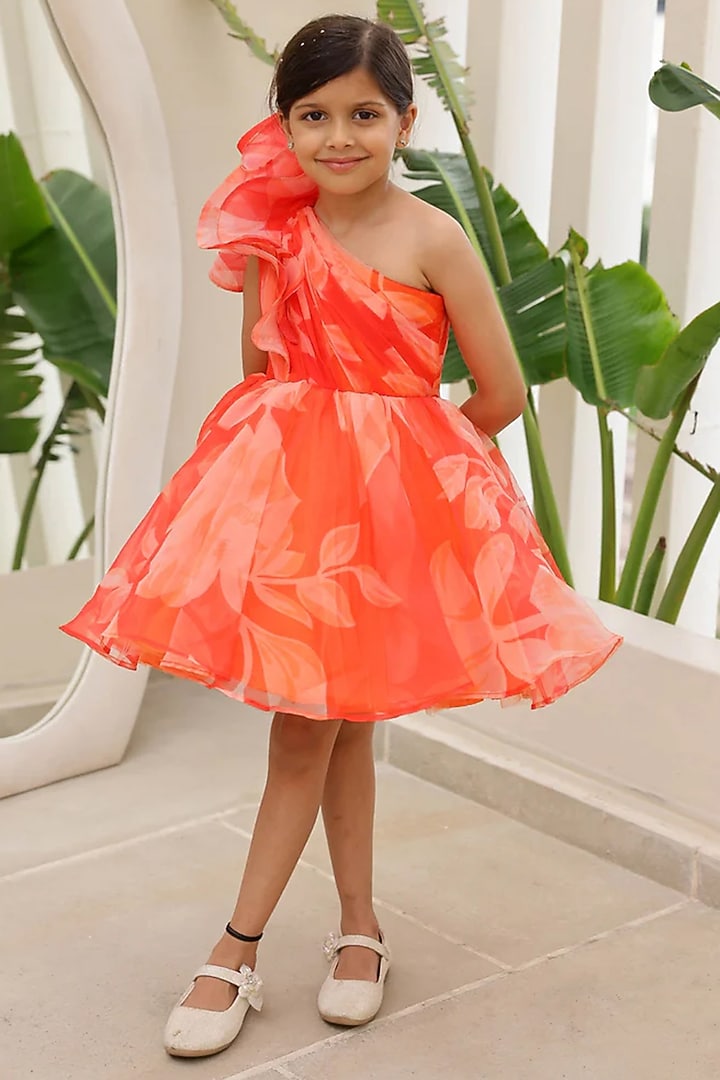 Orange Organza & Net Printed Dress For Girls by Janyas Closet at Pernia's Pop Up Shop
