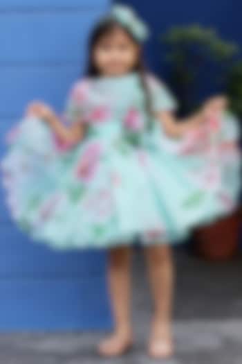 Aqua Green Organza Tissue Floral Printed Dress For Girls by Janyas Closet at Pernia's Pop Up Shop
